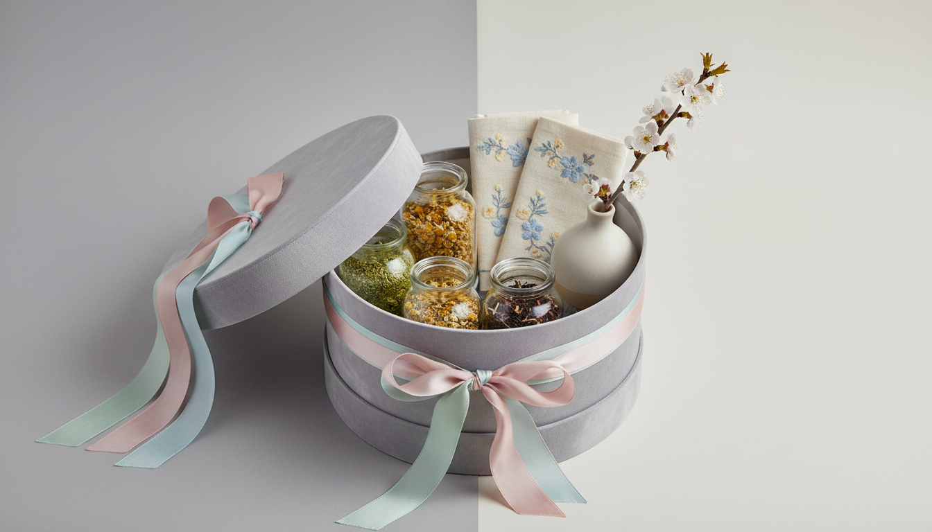 A meticulously curated themed gift hamper for a spring celebration, arranged within a sleek dove gray round hatbox featuring a velvet finish and a hand-tied pastel silk ribbon. Inside, premium teas in glass jars, embroidered linen napkins, and a petite ceramic vase are arranged with precision and negative space. The setting is a minimalist studio with a backdrop in layered soft greys and ivories. Studio lighting is softly diffused, creating delicate highlights along the hatbox edge and casting the faintest of shadows behind. The centered, top-down photographic composition balances all elements, evoking a mood of fresh, poised elegance and refined celebration—perfect for special seasonal gifting occasions.