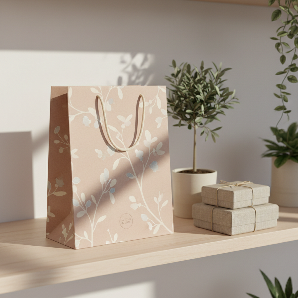 A minimalist, premium gift bag made of thick recycled kraft paper in muted blush tones, featuring a delicate watercolor pattern and refined, waxed cotton handles. The bag is showcased upright on a pale wooden shelf next to a small potted olive tree and a stack of linen-wrapped boxes, creating a harmonious display. Natural, soft daylight enters from the left, casting diffused illumination and gentle, elongated shadows to enhance texture. The photographic shot employs a slightly elevated, off-center framing with crisp focus on the bag, while the background subtly fades. The overall mood is calm, eco-conscious, and elegant, embodying the store’s commitment to artistry and understated luxury in every hamper and packaging element.