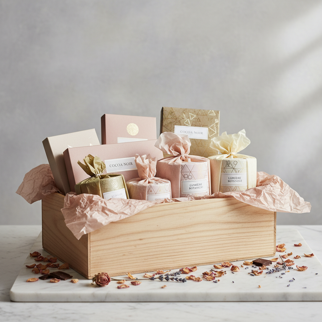 A selection of artisanal chocolate boxes and luxury scented candles artfully arranged within a handcrafted pale sand-colored crate, each item wrapped in soft, textured tissue with subtle gradient tones and minimalist geometric labels. The arrangement sits atop a smooth marble slab against a muted chalky backdrop, with scattered rose petals and dried lavender sprigs for accent. Soft diffused afternoon light bathes the scene, rendering subtle highlights and gentle shadows across the objects, enhancing their tactile quality. Captured from an eye-level perspective with an asymmetrical, rule-of-thirds composition, the mood is sophisticated, inviting, and quietly indulgent, reflecting the store’s refined, creative approach to gift hampers.