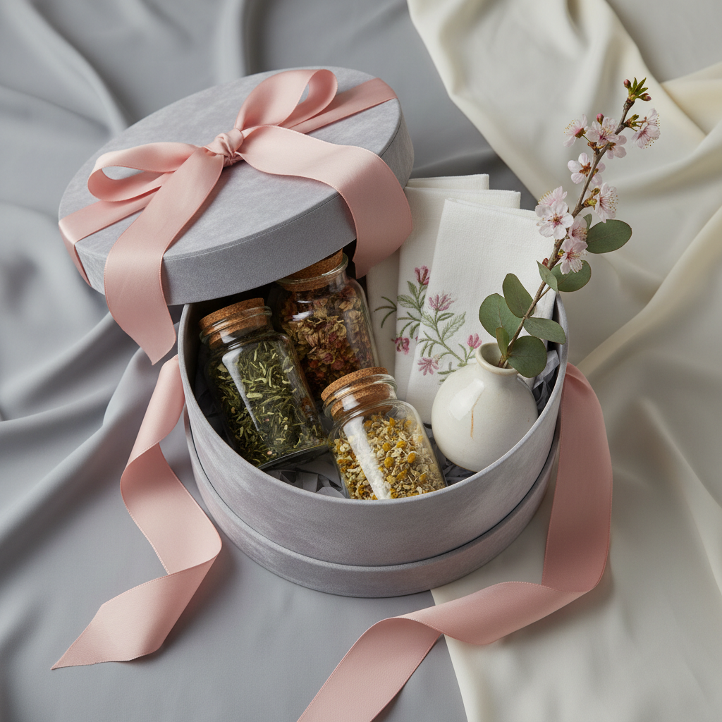 A meticulously curated themed gift hamper for a spring celebration, arranged within a sleek dove gray round hatbox featuring a velvet finish and a hand-tied pastel silk ribbon. Inside, premium teas in glass jars, embroidered linen napkins, and a petite ceramic vase are arranged with precision and negative space. The setting is a minimalist studio with a backdrop in layered soft greys and ivories. Studio lighting is softly diffused, creating delicate highlights along the hatbox edge and casting the faintest of shadows behind. The centered, top-down photographic composition balances all elements, evoking a mood of fresh, poised elegance and refined celebration—perfect for special seasonal gifting occasions.