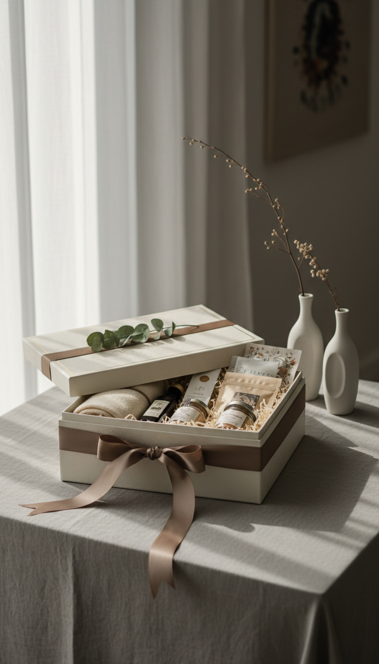 An exquisitely handcrafted luxury gift hamper meticulously arranged in a matte ivory box with subtle gold-embossed trim, wrapped with a muted taupe satin ribbon and a single eucalyptus sprig. The hamper is displayed on a soft grey linen tablecloth in a minimal, elegantly styled room accented by delicate ceramic vases. Gentle morning light filters through opaque drapes, casting soft, refined shadows and emphasizing the fine textures and muted color palette. The photographic composition is centered, shot from an elevated slight angle with a shallow depth of field to highlight understated sophistication. The atmosphere is serene, polished, and quietly celebratory, with a focus on refined detail and minimalist elegance, perfectly representing premium handmade hampers for gifting occasions.