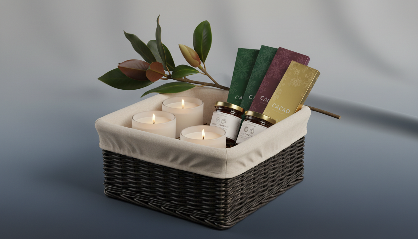 An exclusive limited-edition festive hamper, encased in a refined charcoal woven rattan basket lined with smooth cream linen, containing hand-poured candles in frosted glass, artisanal jams in minimalist label jars, and single-origin chocolate bars with embossed wrappers. This luxurious assembly is placed on a subtle gradient background of pale dove to deep slate, with a single magnolia branch resting across the arrangement. Indirect warm studio lighting creates a gentle glow, lending depth and sophistication. The camera angle is low and close-up, spotlighting meticulous craftsmanship and subtle textures. The composition is balanced yet minimalist, embodying a sophisticated, celebratory mood in line with the brand’s premium positioning for special gifting moments.